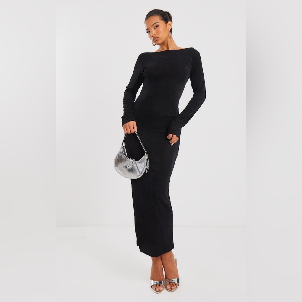 Pretty Little Thing NWT black acetate slinky long sleeve dress